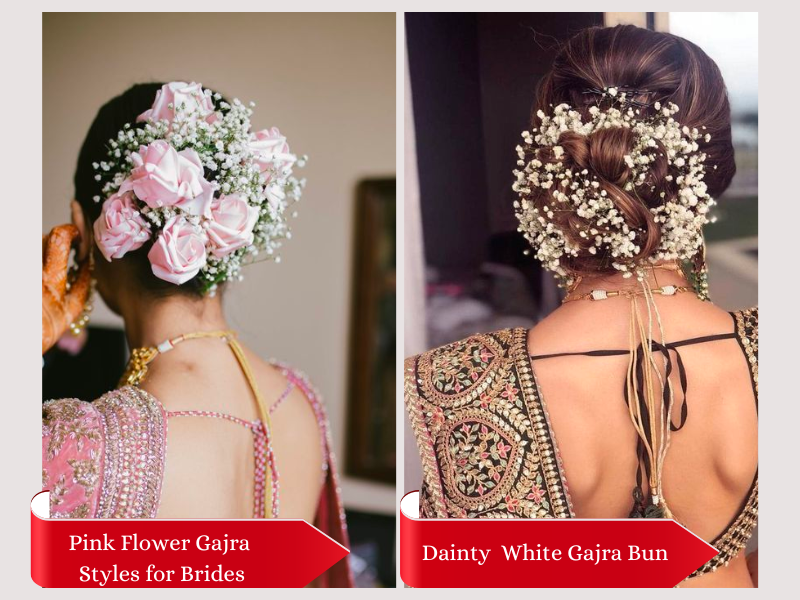Pink Flower Gajra Styles for Indian Brides and Dainty  White Gajra Bun Hairstyle