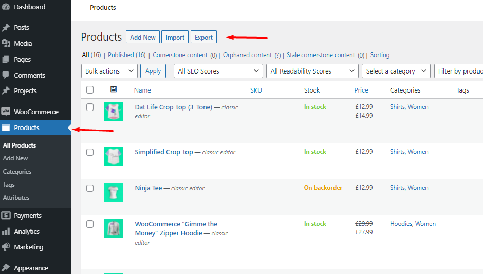 WooCommerce export products button