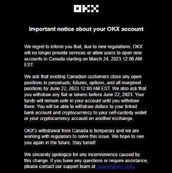 OKX прекратит обслуживание клиентов из Канады