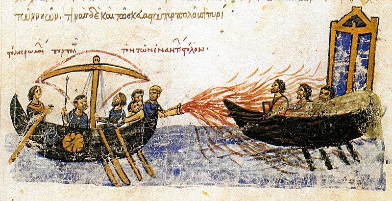 Illustration of a boat with a flame-thrower-like weapon spraying flames onto an enemy ship. The people being set on fire appear to be mildly annoyed.