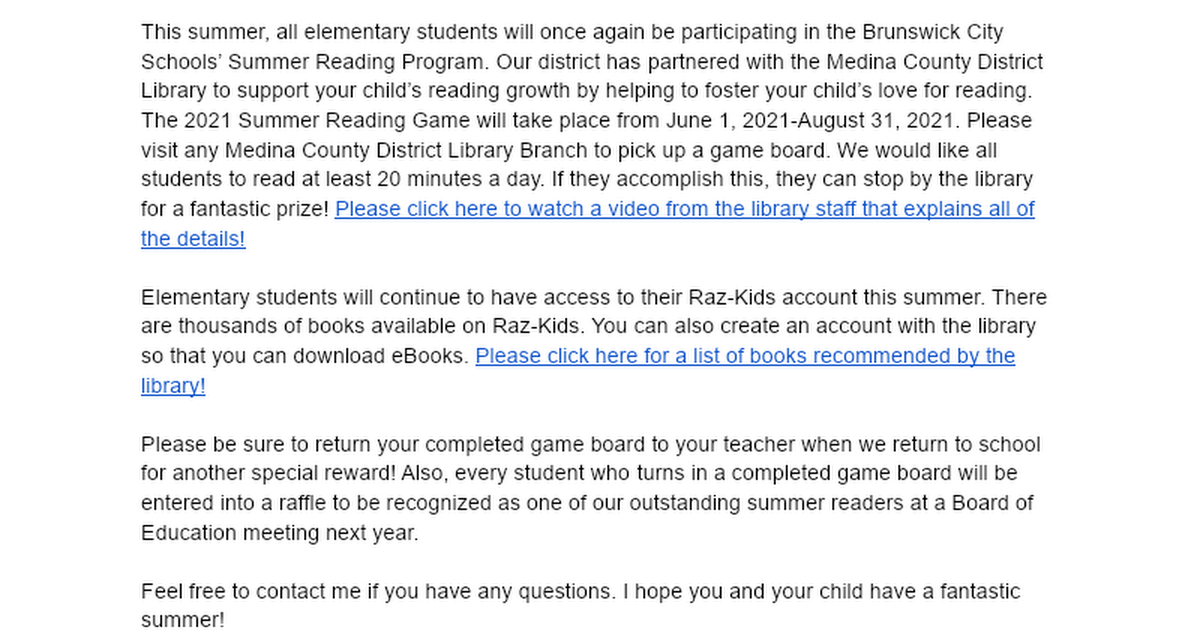 2021-2022 Elementary Summer Reading Letter to Families