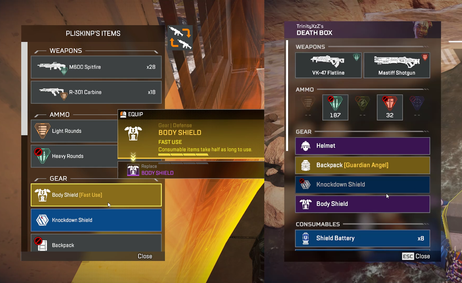 UI showing how to armor swap in apex legends