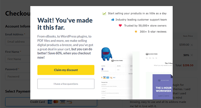 Exemplo de pop-up de intenção de saída Easy Digital Downloads (EDD)