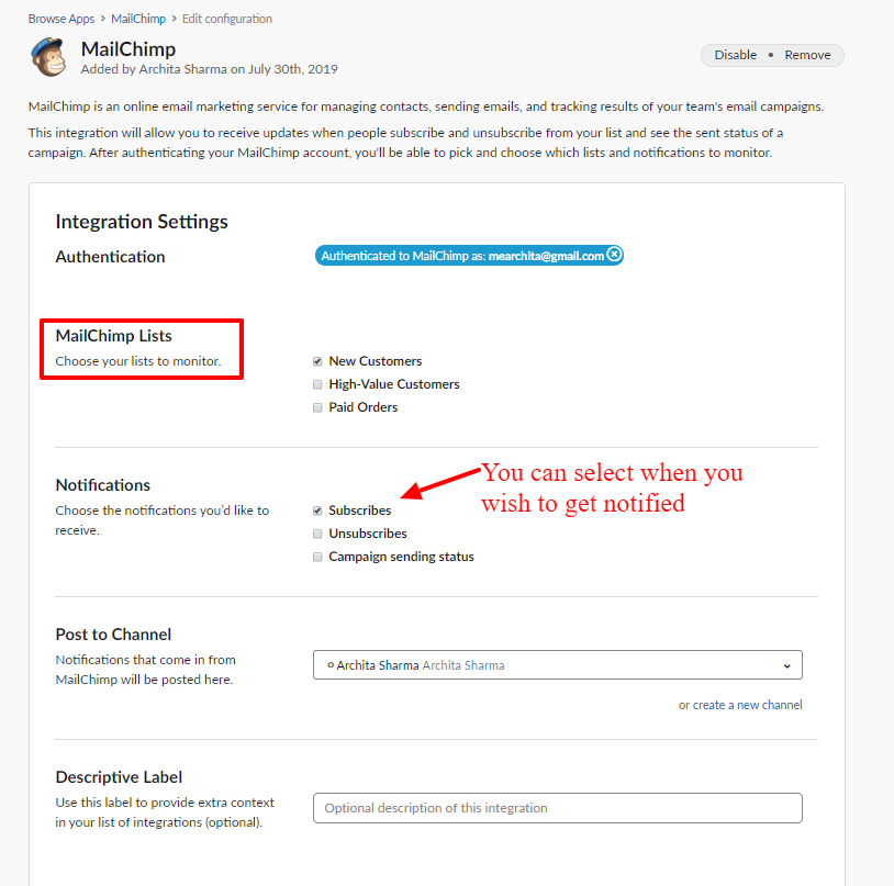 Mailchimp integration settings