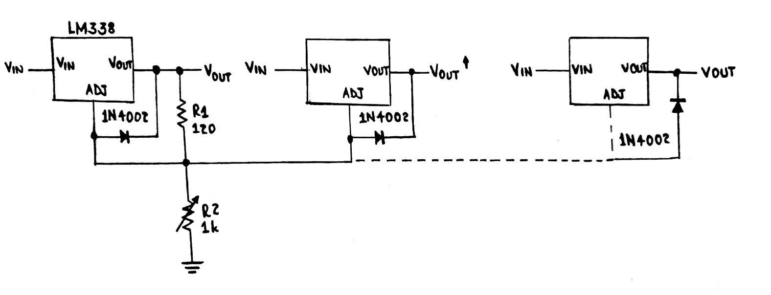 A circuit diagram of many IC LM338 modules using a single control 