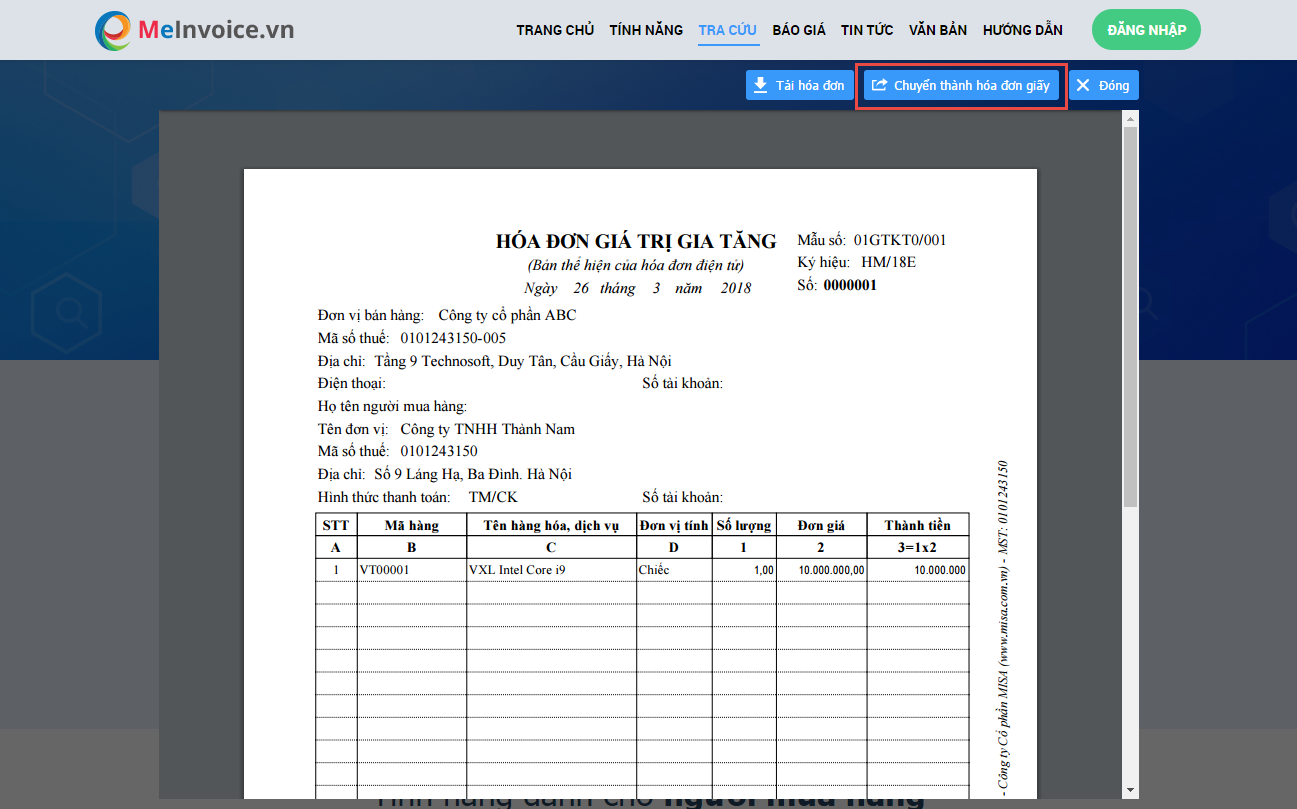 Cách chuyển từ Hóa đơn điện tử sang hóa đơn giấy