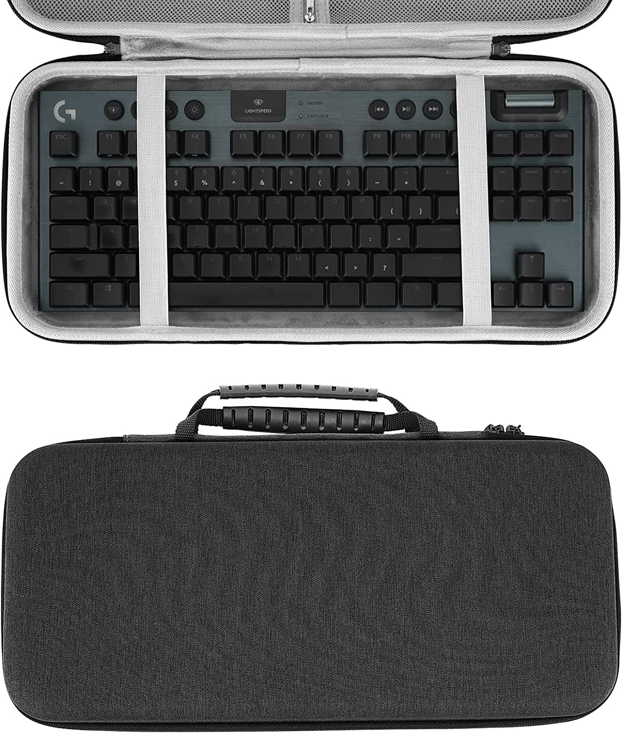 A gaming keyboard can easily be transported or packed away if it has a protective case like this.