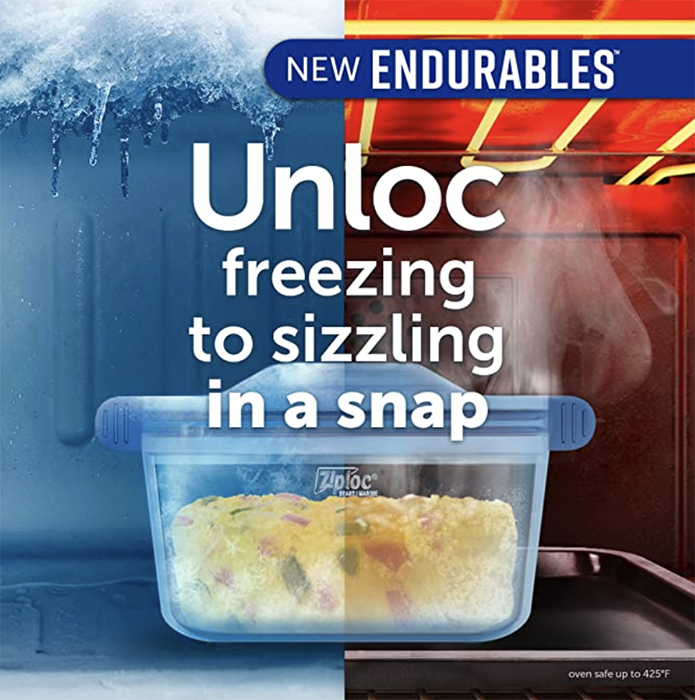 Tearsheet of Ziploc Endurables featuring the product in both a freezer and oven shot by Chicago-based food photographer Morgan Ione.