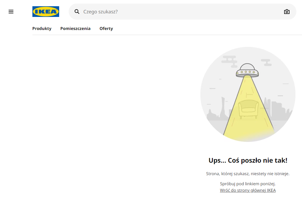 Komunikat błędu 404 na stronie internetowej Ikea