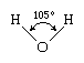 Oksijen atomuna 104,5 derecelik açıyla bağlanmış iki hidrojen atomunu gösteren su molekülünün yapısı.