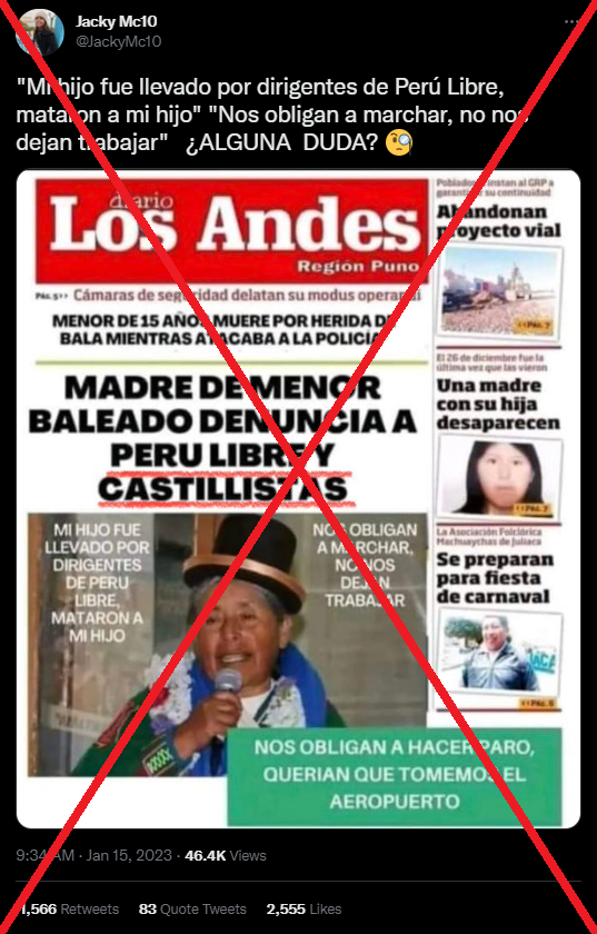 Es falsa la portada de periódico en el que mujer de Puno denuncia a  dirigentes por muerte de su hijo en protestas | Ojo Público