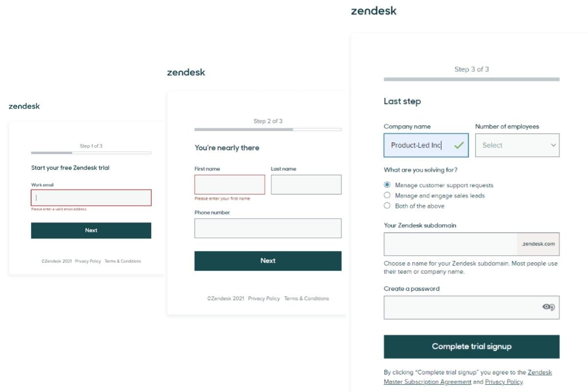 Zendesk's 3 step free trial registration