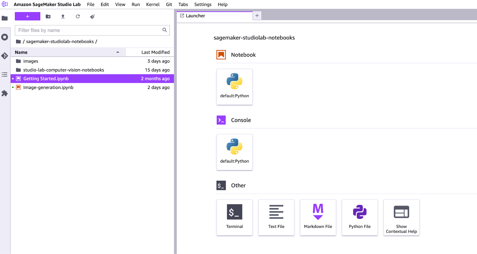 The SageMaker Studio Lab dashboard with options on how to 