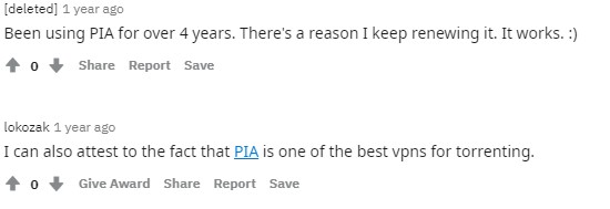 Comments about PIA for torrenting on Reddit