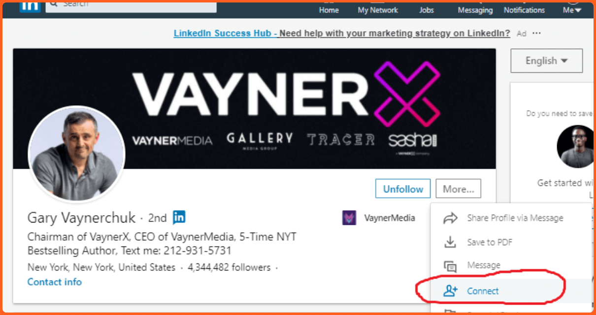 Gary Vee's Linkedin profile showing his face and names and the connect button highlighted.