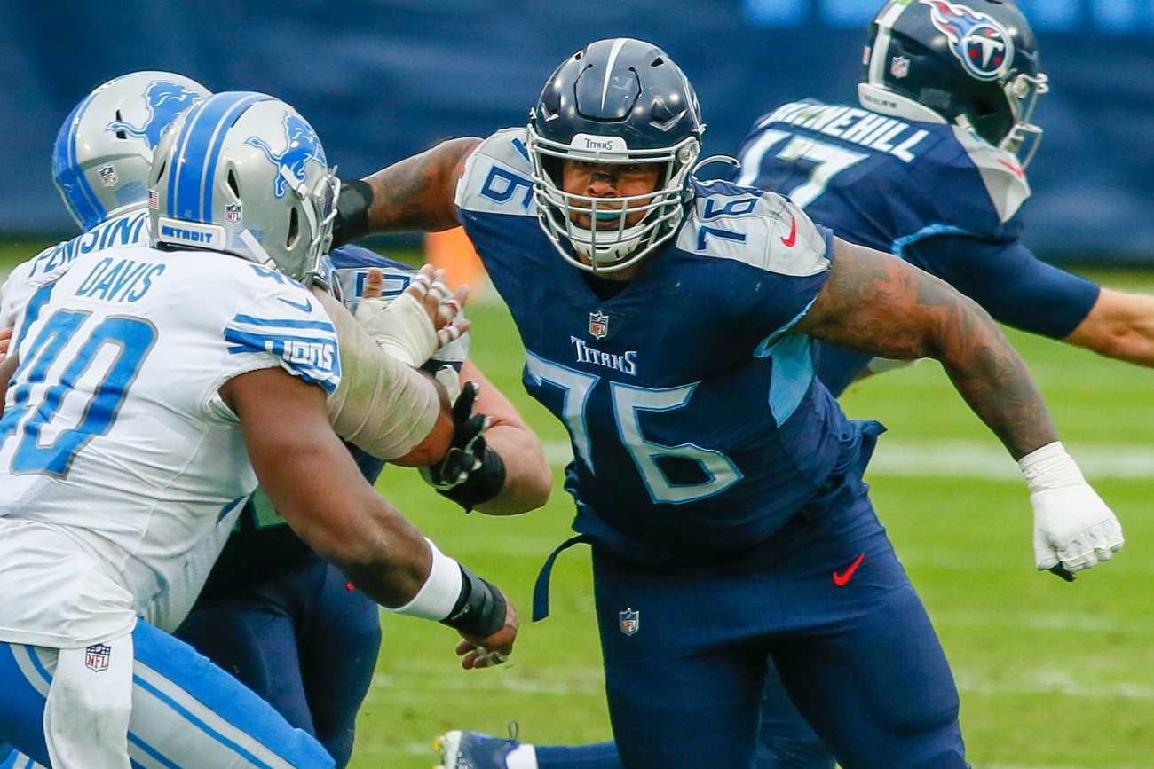 Rodger Saffold #76 of the Tennessee Titans plays against the Detroit Lions at Nissan Stadium on December 20, 2020 in Nashville, Tennessee. (Photo by Frederick Breedon/Getty Images)