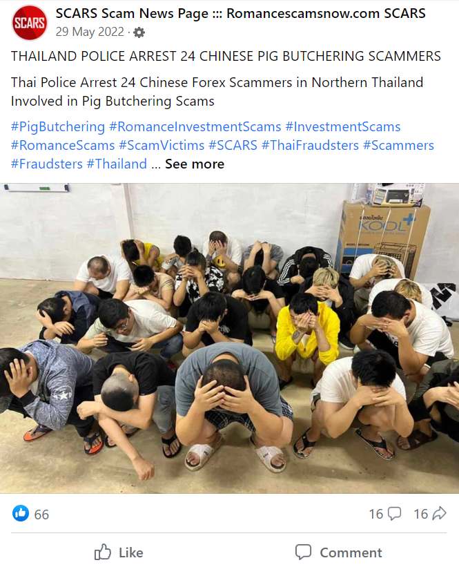 Facebook post showing arrested scammers with their faces turned down