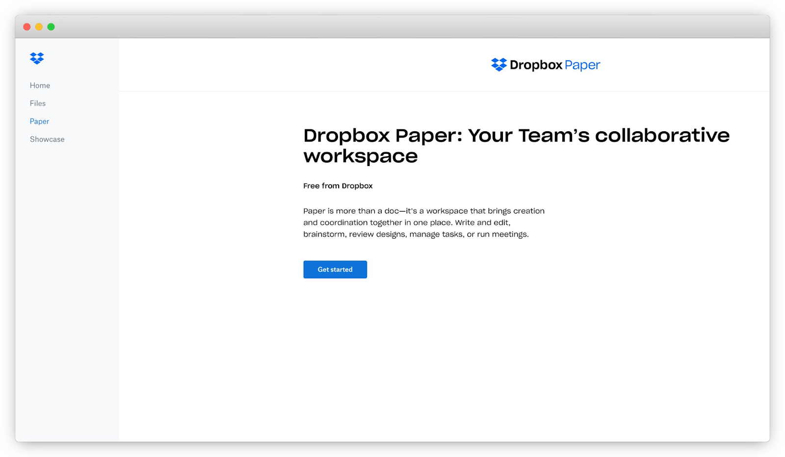 Dropbox Paper get started page