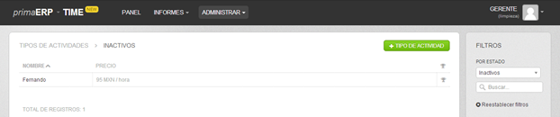 Filtro de actividades en primaERP TIME TRACKING. Filtro de actividades en primaERP TIME TRACKING.