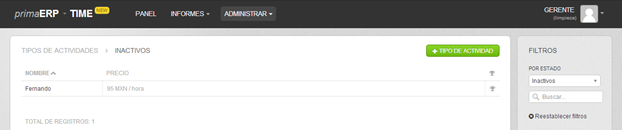 Filtro de actividades en primaERP TIME TRACKING.