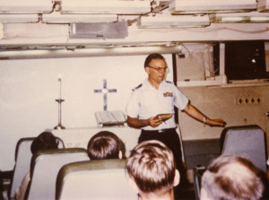 Leslie preaching aboard the USS Tarawa