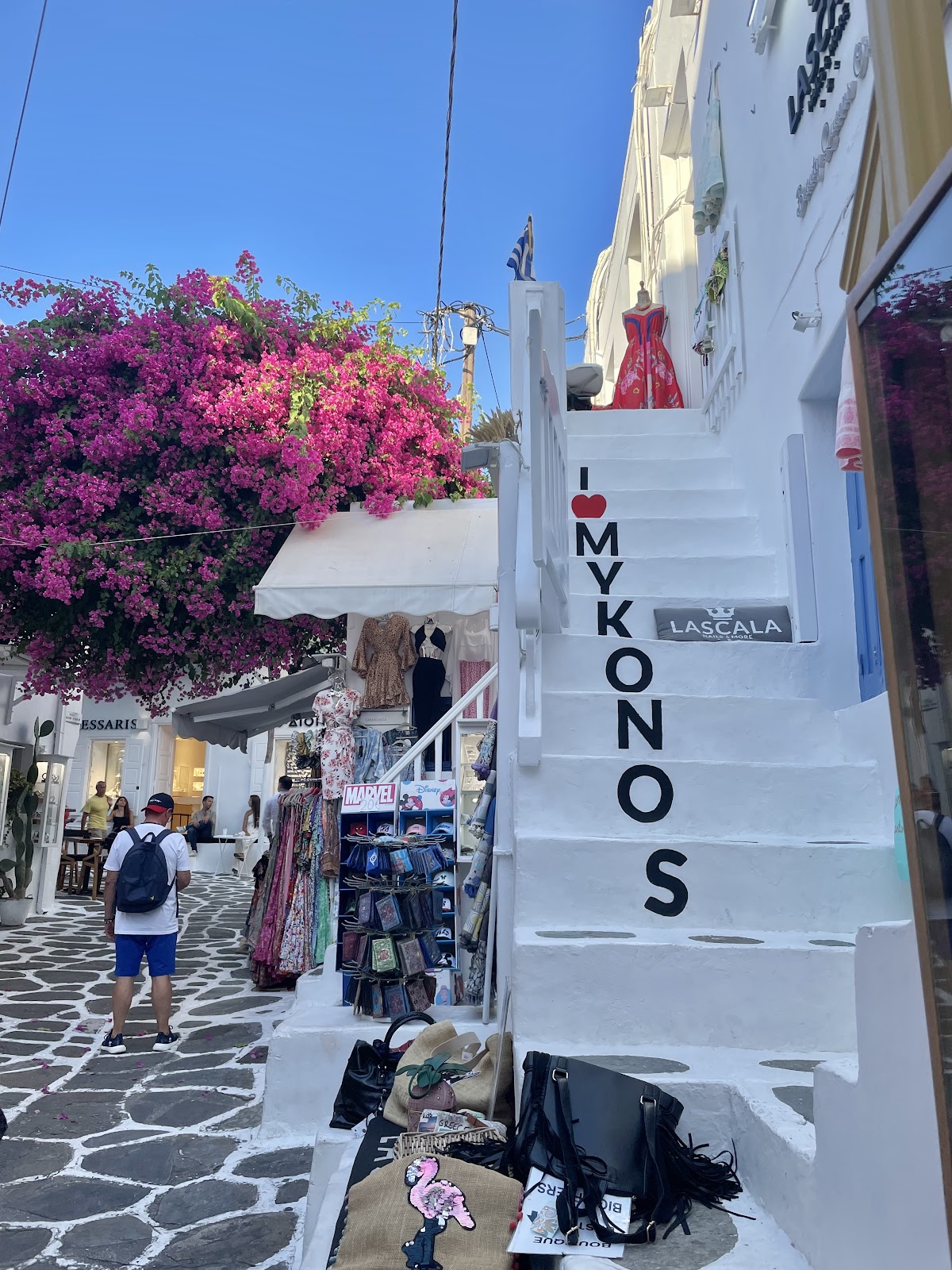 ruelle de la Chora avec ses pavés typique, ses fleurs colorées et ses façades blanches cette visite est à faire à Mykonos