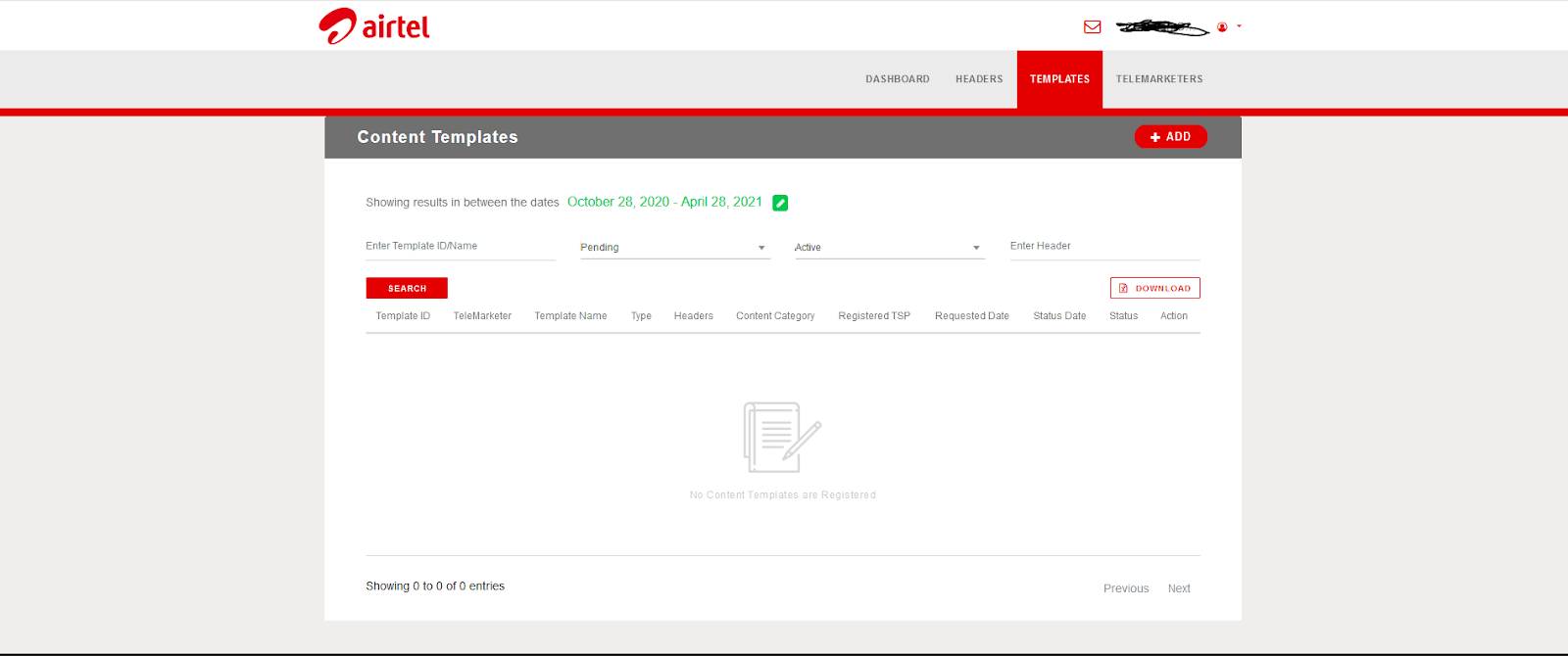 The beginning of an Airtel DLT content template registration process | SMScountry
