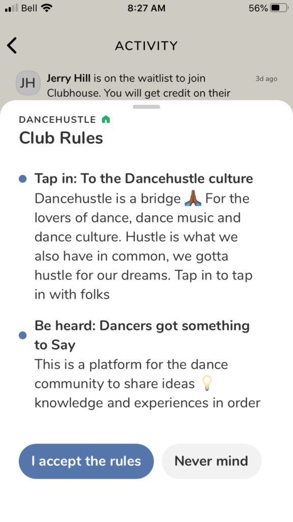 A screen shot of the rules for a Club on Clubhouse.