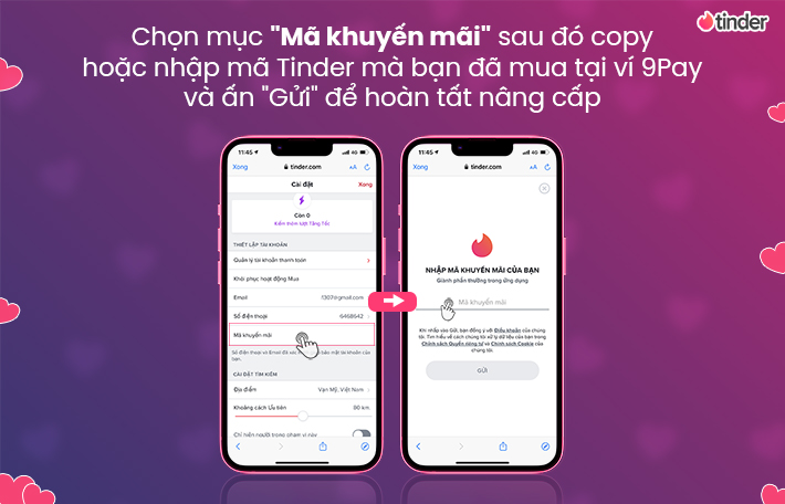 Hoàn tất kích hoạt gói Tinder Plus và Tinder Gold