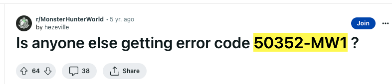 Monster Hunter World Error Code 50352-mw1