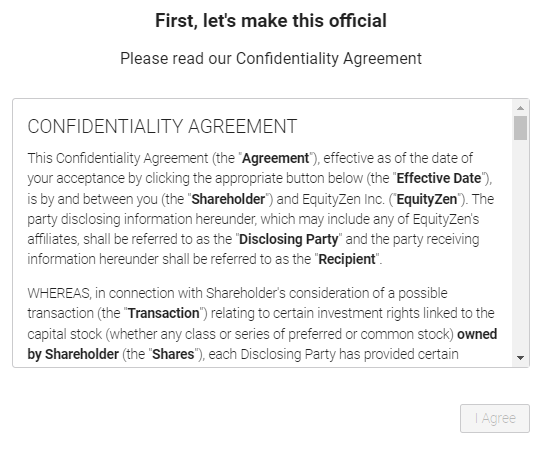 Screenshot of EquityZen confidentiality agreement