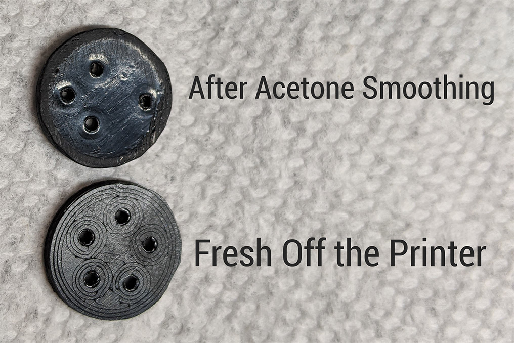 Before and after of acetone vapor smoothing for 3D printed buttons