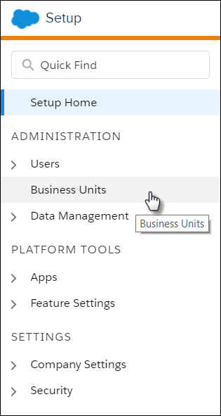 The Setup navigation menu with a mouse clicking Business Units.