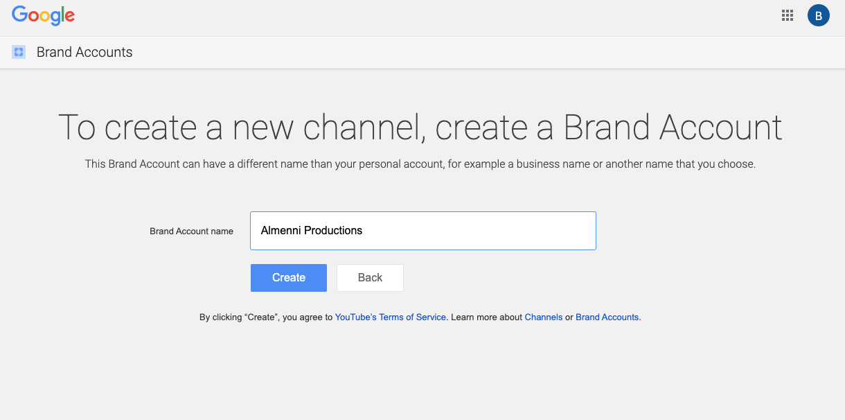 how to enter a brand name account for a second youtube channel