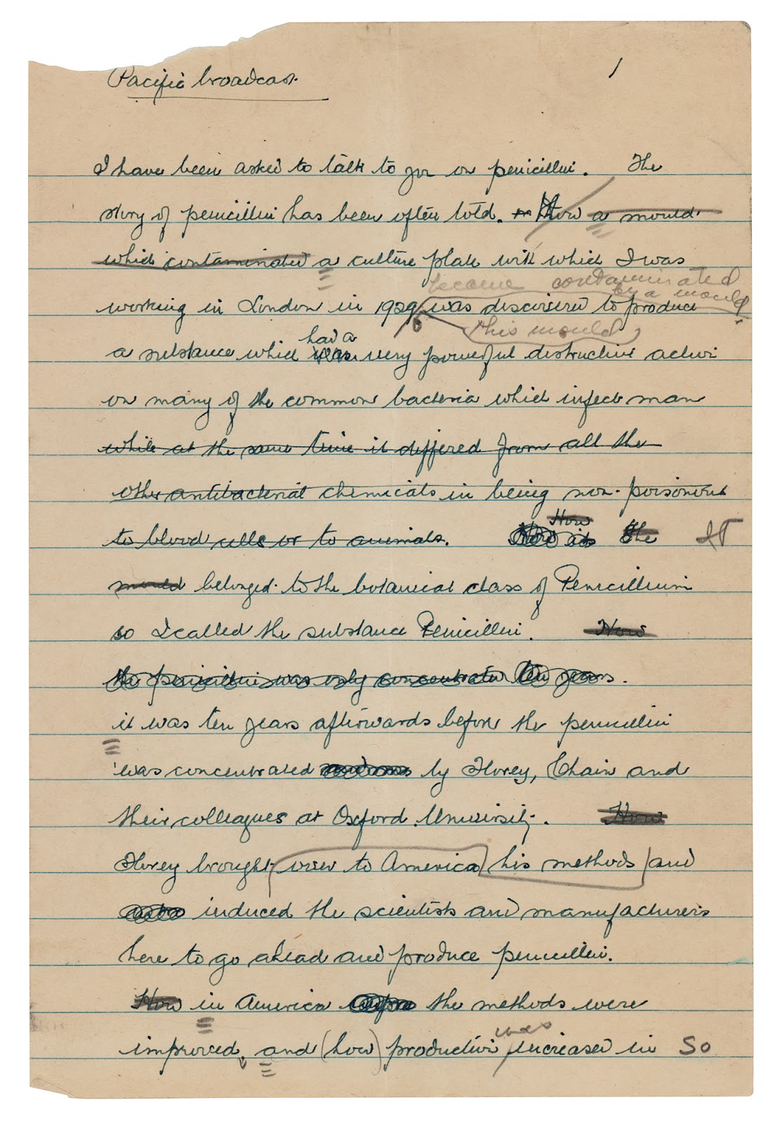 The first page of Alexander Fleming’s lengthy 10-page manuscript about the uses of penicillin. This lot sold for $46,955.
