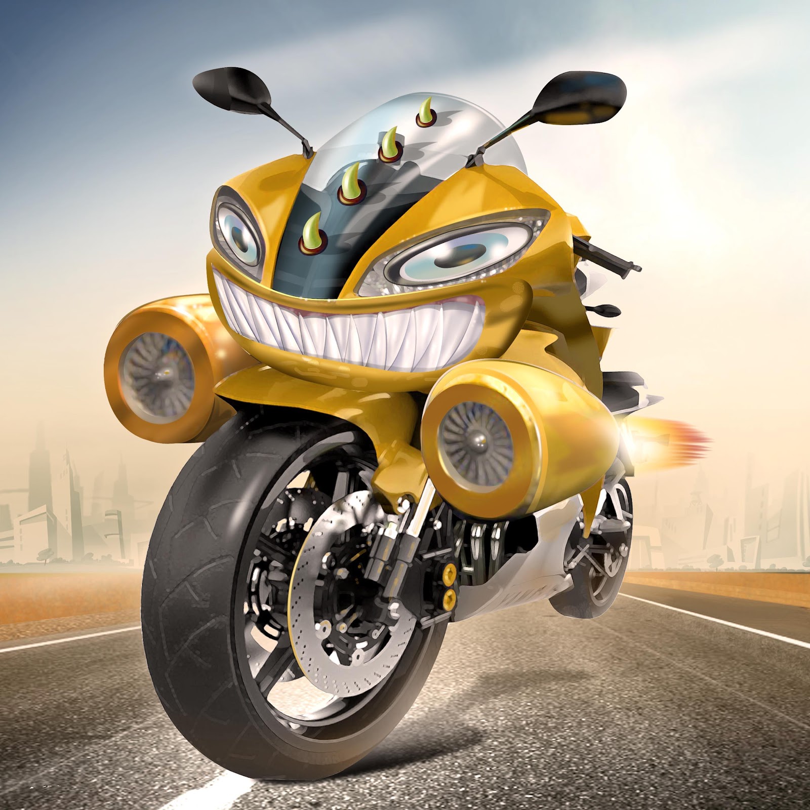 A yellow motorcycle on a road

Description automatically generated with medium confidence