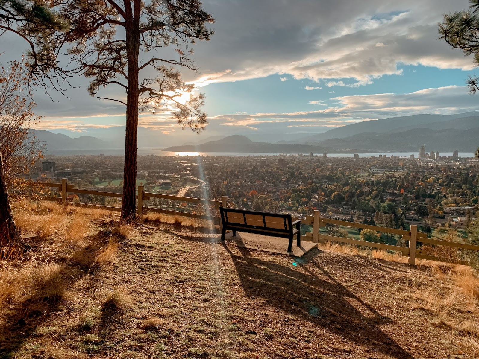 a hilltop view looking out over Kelowna, including the city, the valley mountains and okanagan lake in the distance