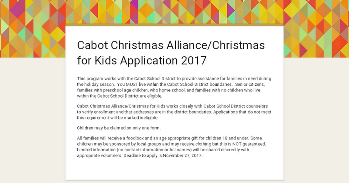 Cabot Christmas Alliance/Christmas for Kids Application 2017