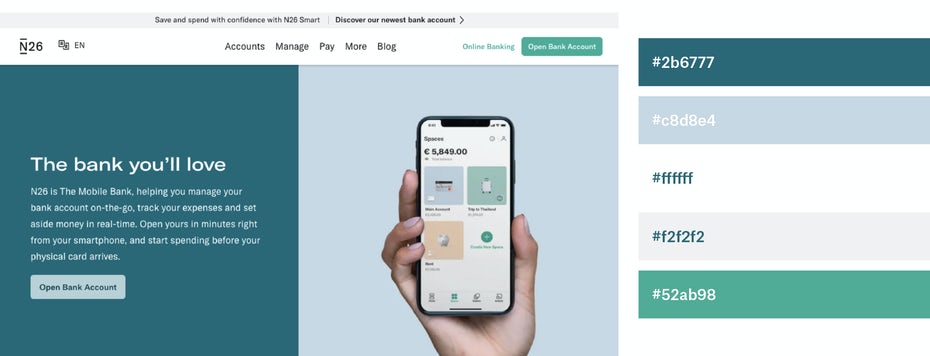 Bank N26's homepage with each color used and their HEX codes on the side