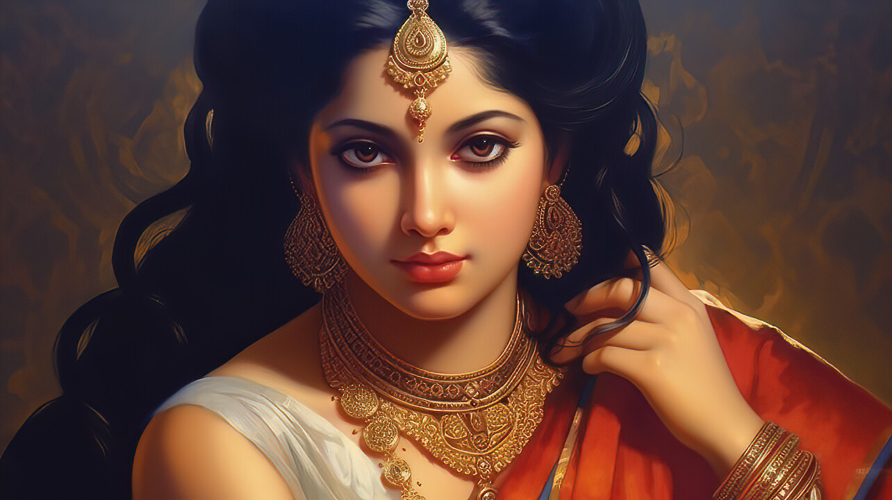 This art piece depicts Parvati wearing gold jewelry and wearing her ebony hair in a falf up half down hairstyle. There is something angelic and beautiful about her face, as well as her almond-shaped brown eyes. 
