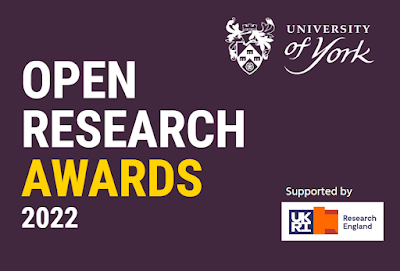 York Open Research Awards 2022 logo; white and yellow text on purple background with University of York and UKRI Research England logos