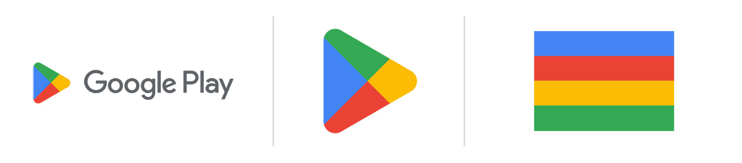 Google 製品のカラーパレットの使用でできた Google Play 新しいロゴの画像。