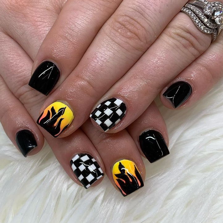 Flaming Checkered Flag Cute Short Nails