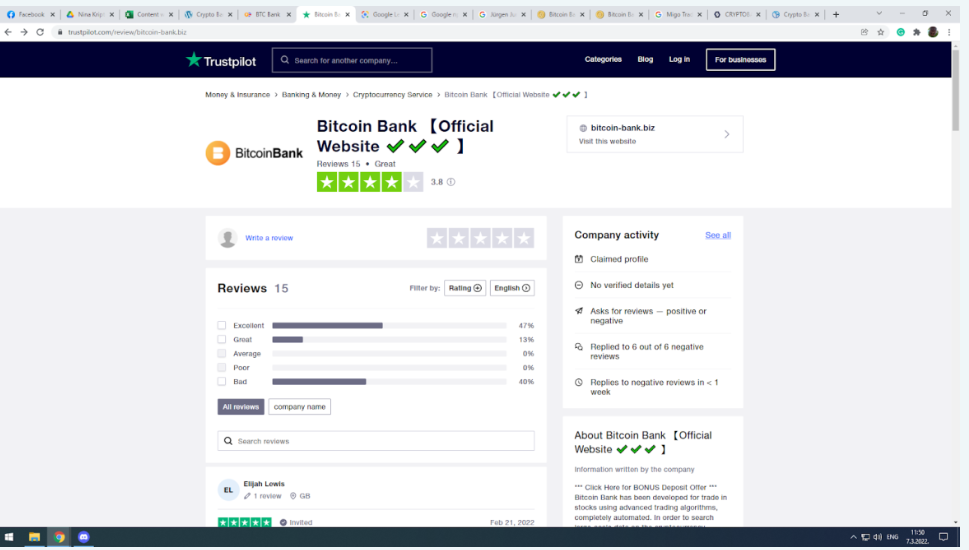 Trustpilot anmeldelser av Crypto Bank