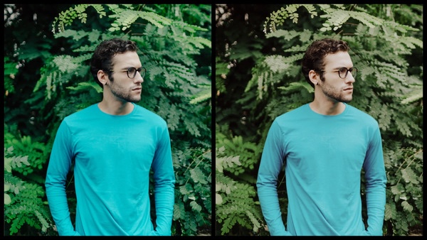 foto de um homem branco com camiseta azul posando em um fundo com plantas com o Filtro Sand do AirBrush