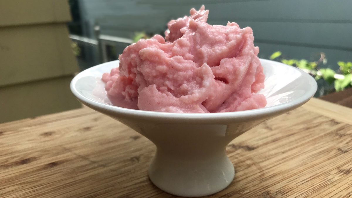 Watermelon dog ice cream in a white bowl 