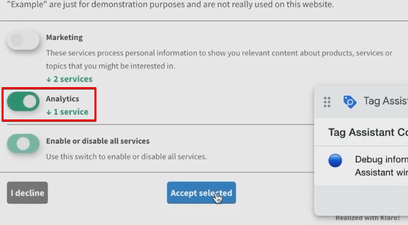 Granting cookie access to analytics consent from the consent banner
