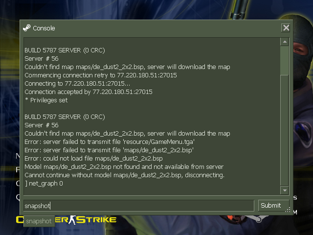 Пример игровой консоли в Counter Strike 1.6