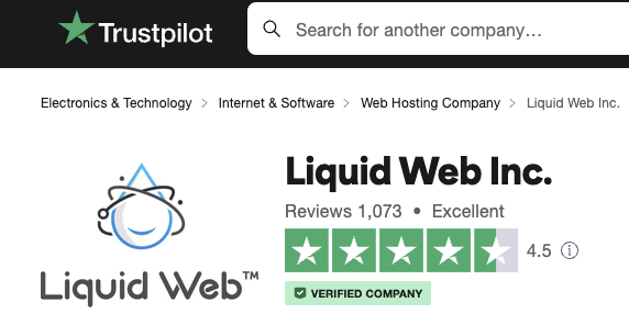 Trustpilot screenshot for Liquid Web. 1,073 Liquid Web reviews give 4.5 stars out of 5.