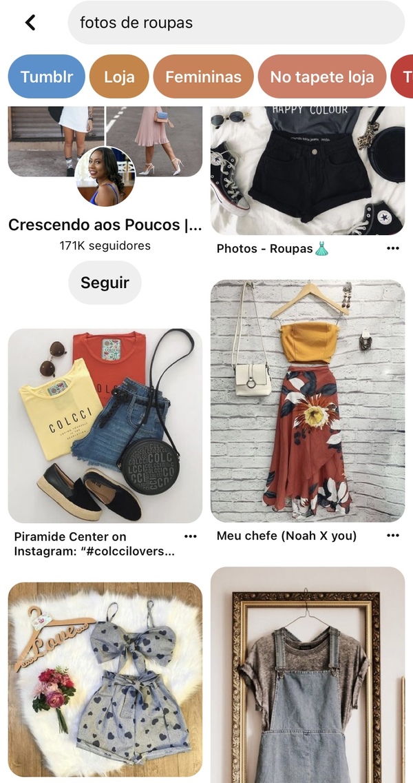 print da tela de início do Pinterest com fotos de roupas diversas